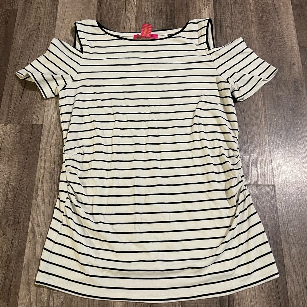 Catherines Black and White Striped Cold Shoulder Tee